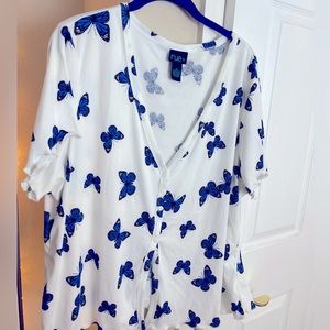 Women’s v shaped top with blue butterfly’s